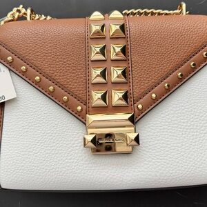 Michael Kors Brown and White Crossbody Bag with Gold Studs